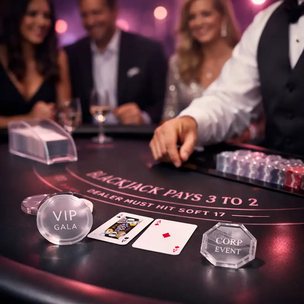 Uczestnicy wydarzenia przy stole blackjacka w eleganckiej atmosferze