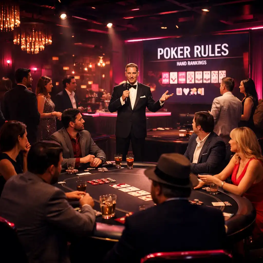 Kinowa atmosfera wieczoru pokerowego z nastrojowym światłem i integrującą się grupą
