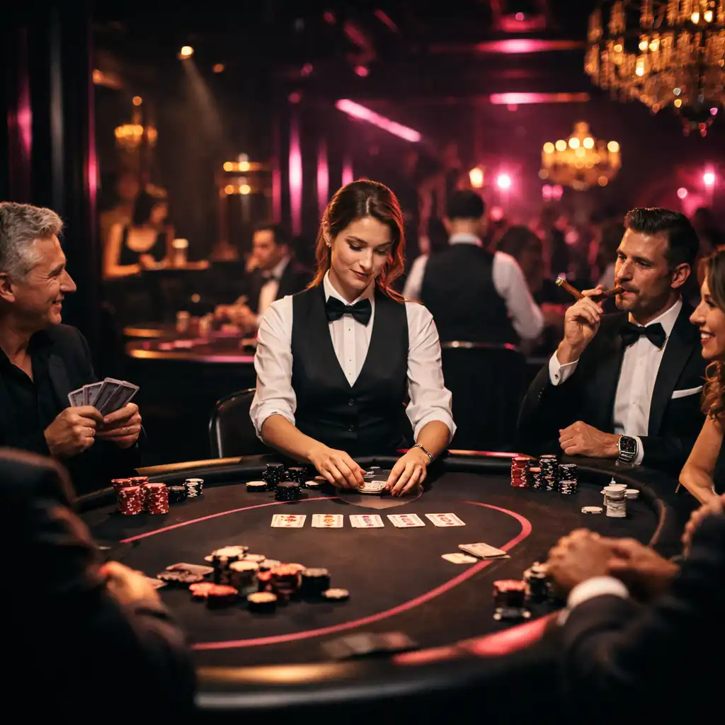 Ekskluzywny wieczór pokerowy offline przy stylowych stołach w kinowej atmosferze