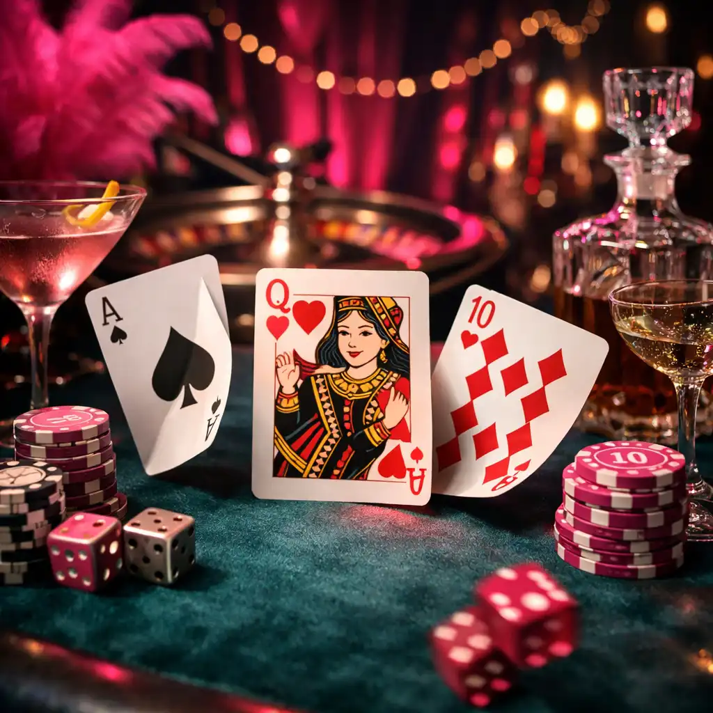 Kolaż stołów do pokera, ruletki i blackjacka w różnych scenariuszach tematycznych