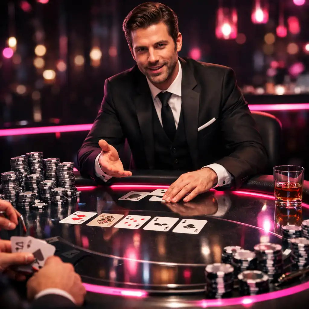 Elegancki wieczór pokerowy offline z profesjonalnym stołem i prowadzącym